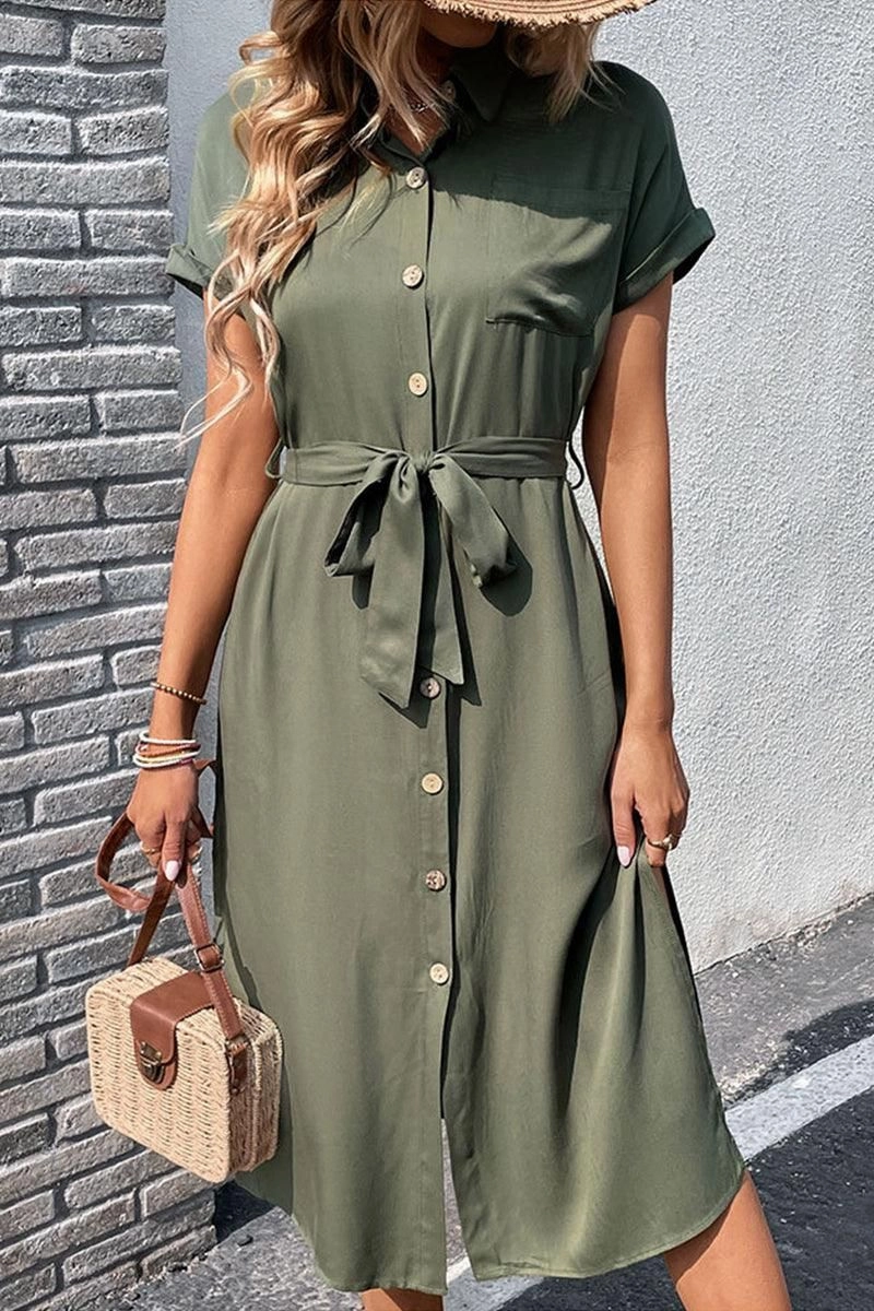 travel mode Drapey Fabric ROLL UP SLEEVE BUTTON UP BELTED SLIT DRESS