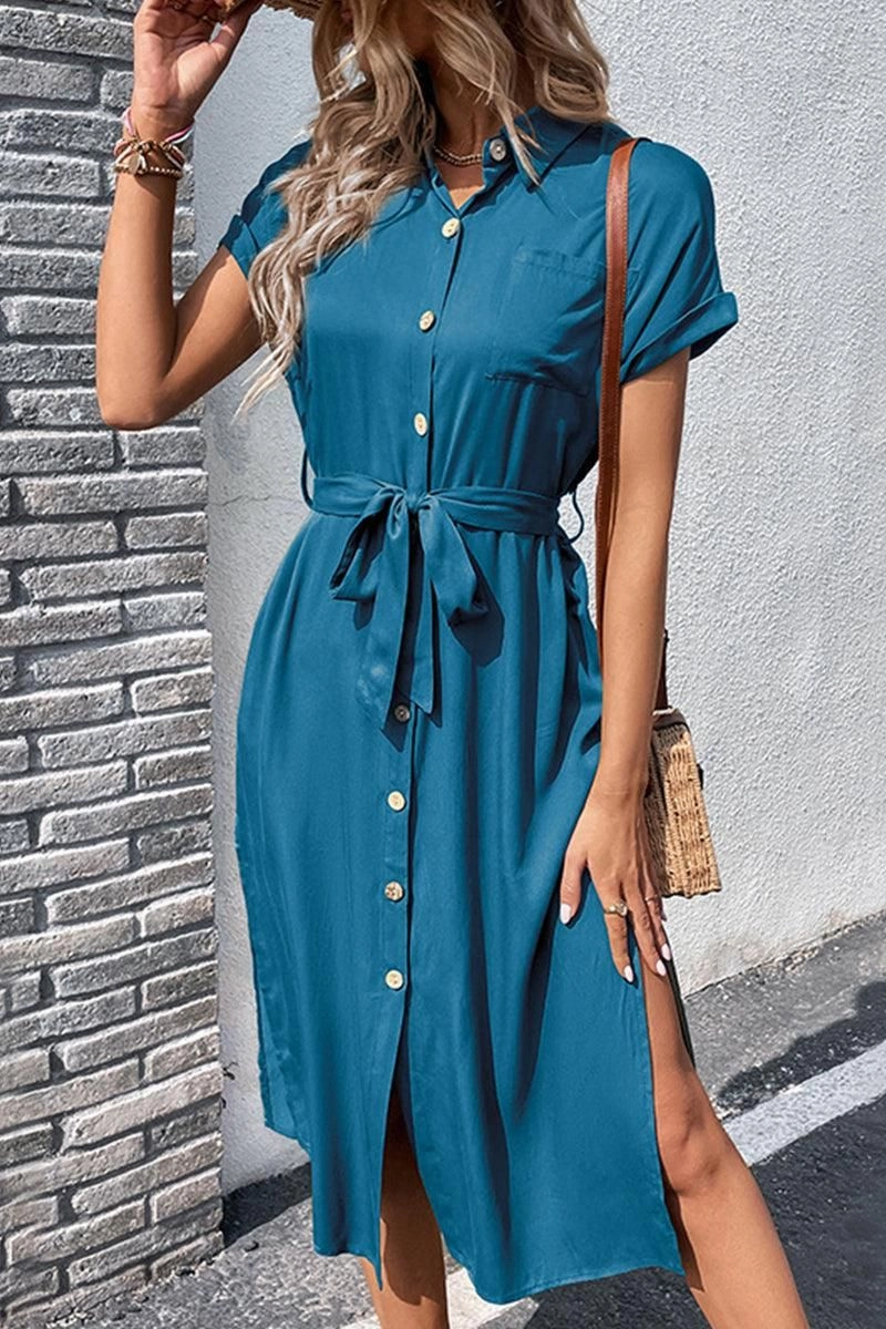 ROLL UP SLEEVE BUTTON UP BELTED SLIT DRESS Red Carpet