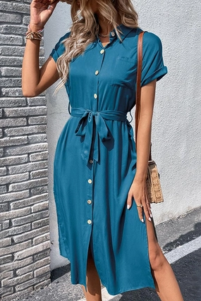 Bold Style Linen-Blend ROLL UP SLEEVE BUTTON UP BELTED SLIT DRESS