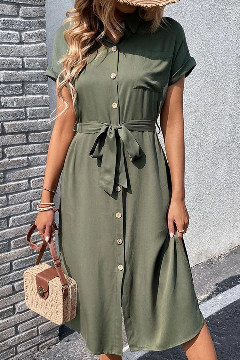 Cocktail-Party Warm Palette ROLL UP SLEEVE BUTTON UP BELTED SLIT DRESS