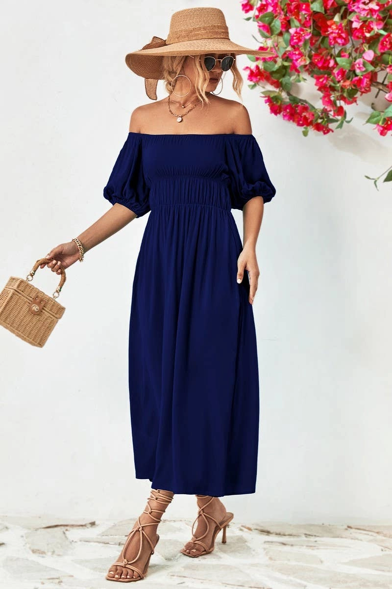 A STRAIGHT SHOULDER SHORT SLEEVE LONG DRESS_CWDMD1212 Daily Comfort