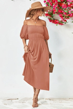 Cozy Style Move Friendly A STRAIGHT SHOULDER SHORT SLEEVE LONG DRESS_CWDMD1212
