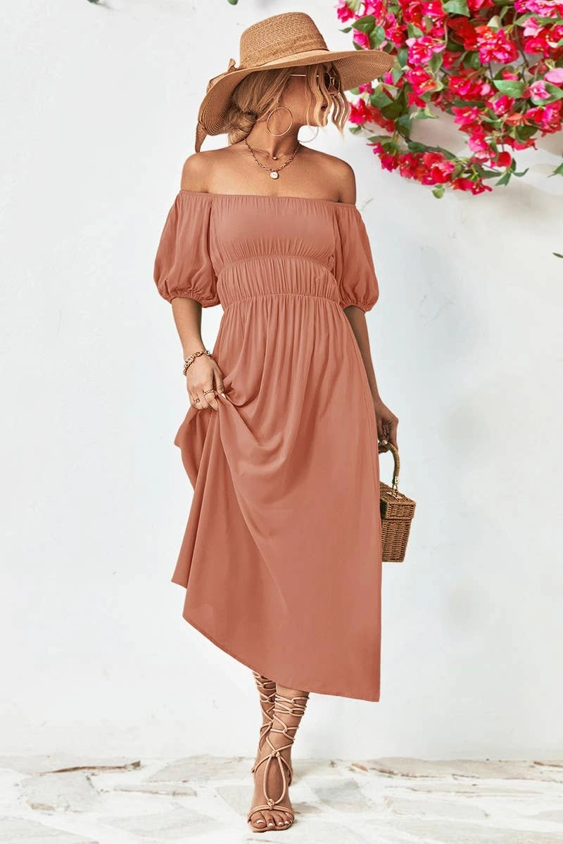 A STRAIGHT SHOULDER SHORT SLEEVE LONG DRESS_CWDMD1212 Minimalist feel Subtle Lines