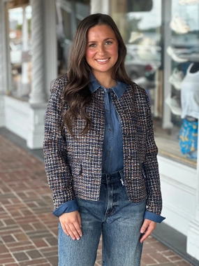 French Dressing Tweed Collarless Jacket in Multi Quick Release Buckle Low Profile Logoing