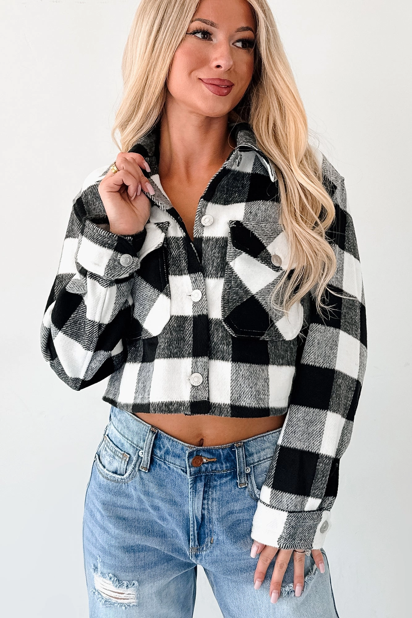 Generosity Autumn Aesthetic Plaid Crop Jacket (Black)