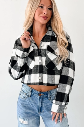 Generosity Autumn Aesthetic Plaid Crop Jacket (Black)