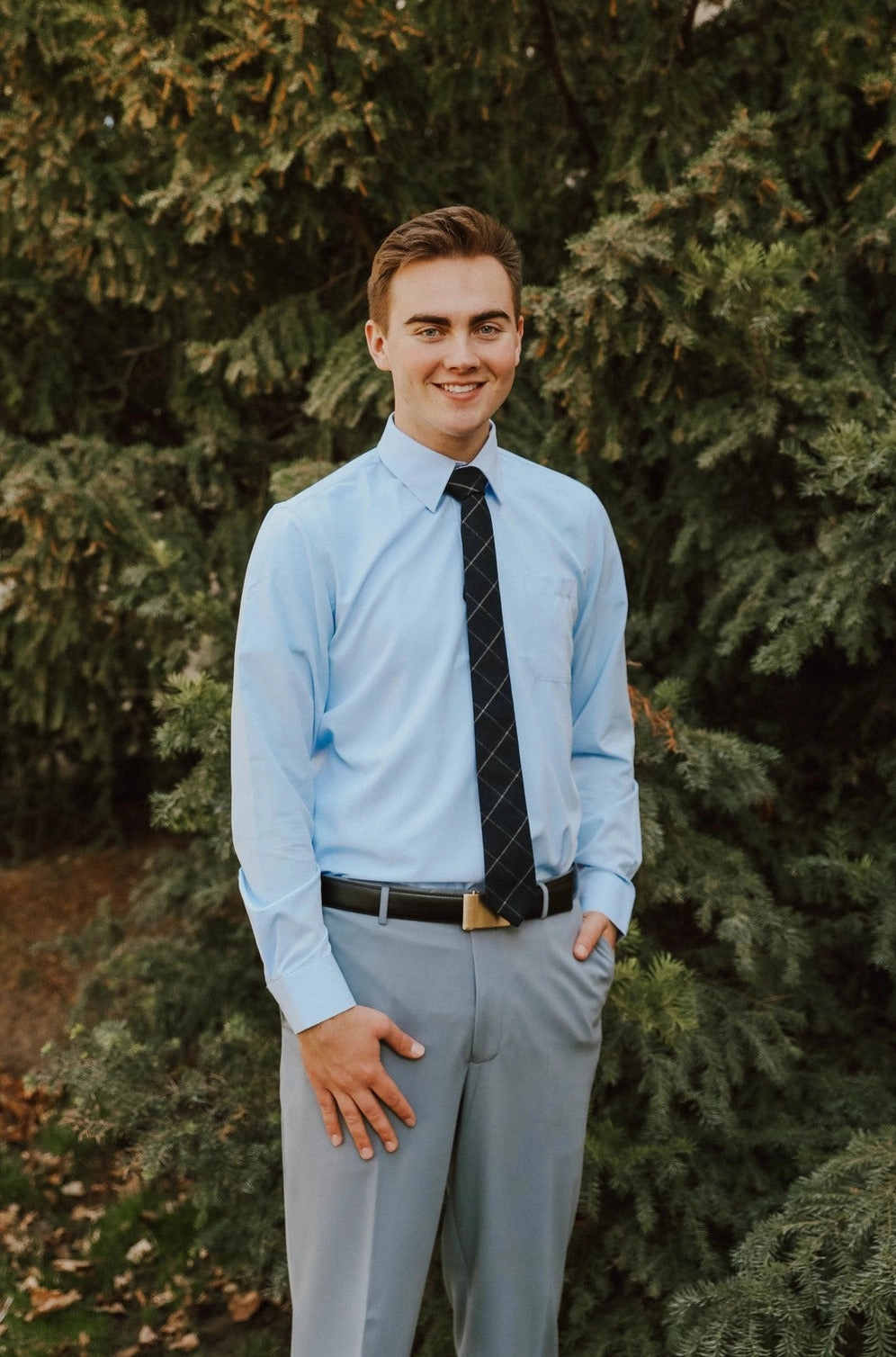 Robbins & Brooks 4-Way Flex Blue Dress Shirt Long Sleeve Layered Neckline Details