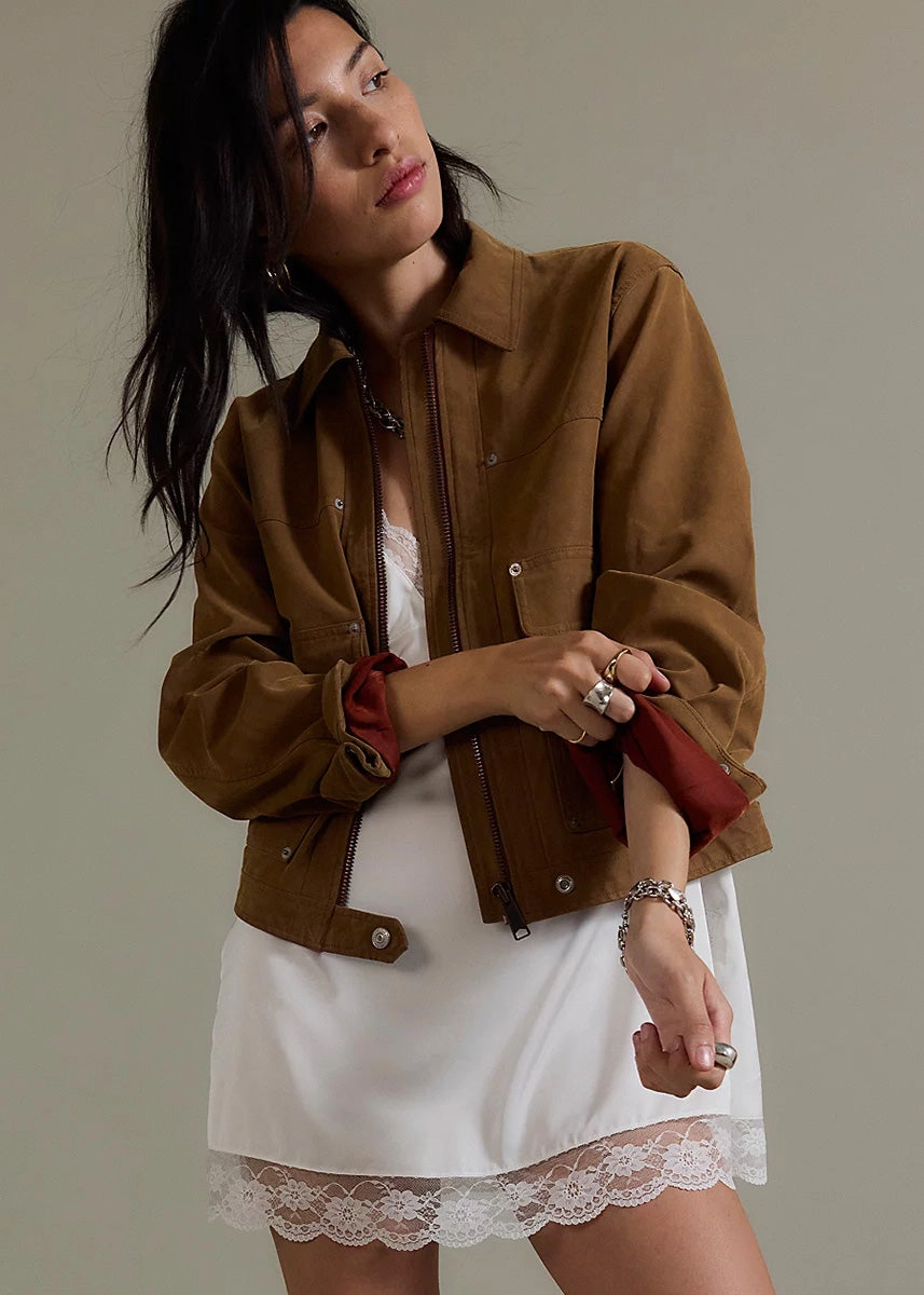 Adaptive Layering System Ergonomic Articulation Blair Vegan Suede Jacket - Caramel Cafe