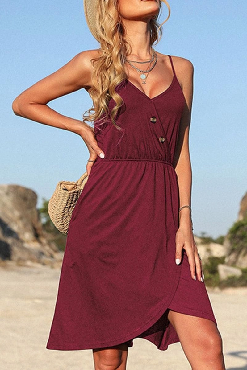 Maximalist-Trend Polished Style V NECK BUTTON TIGHTEN WAIST CAMISOLE DRESS