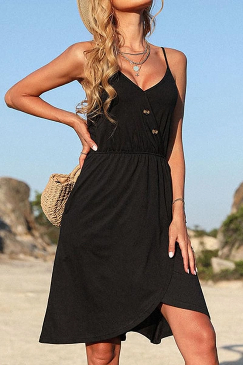 V NECK BUTTON TIGHTEN WAIST CAMISOLE DRESS Work Option Formal Outfit