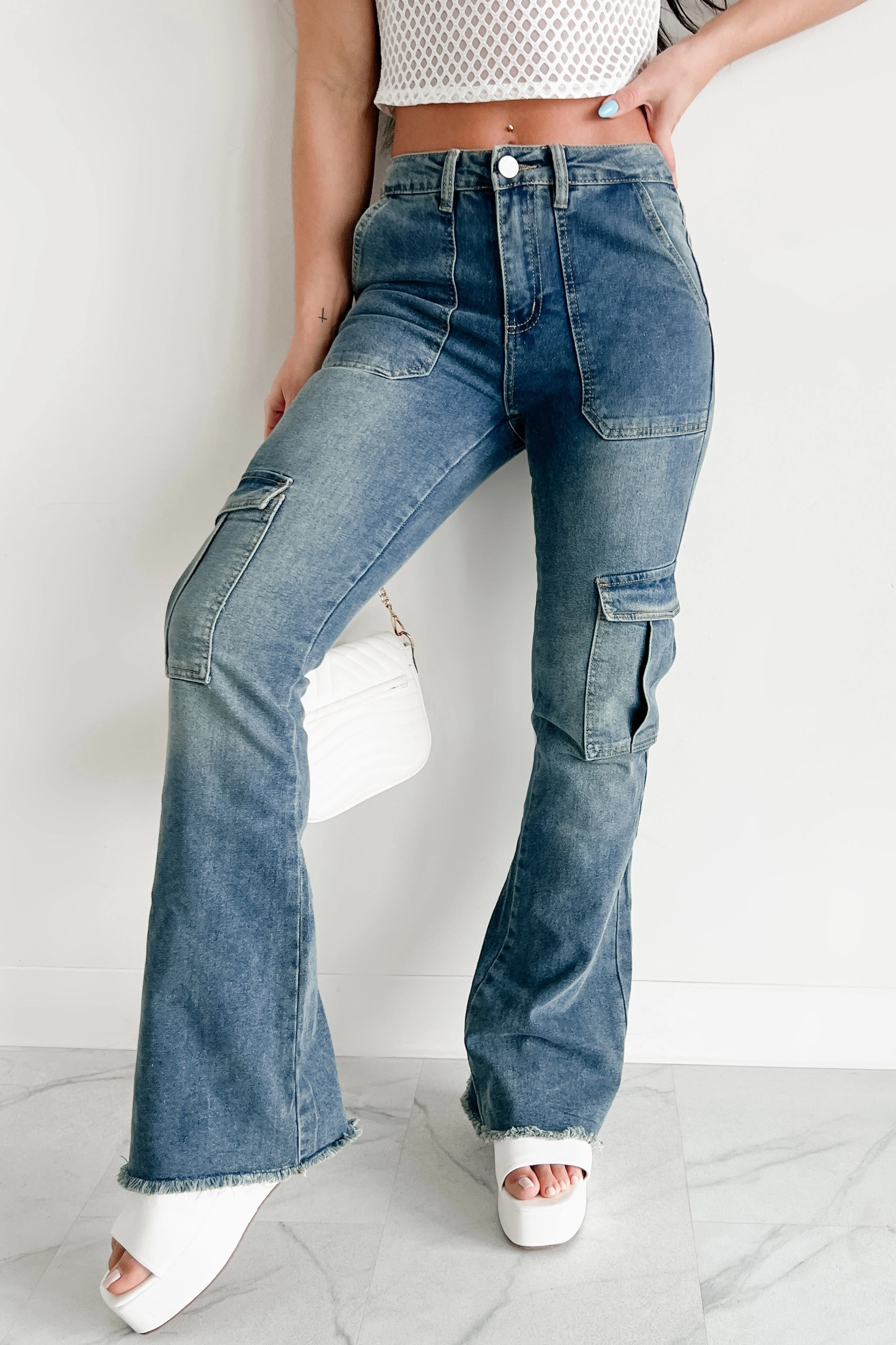 Shopping Day Outdoor Enthusiast Rome High Rise Cargo Flare Indigo Reign Jeans (Medium)