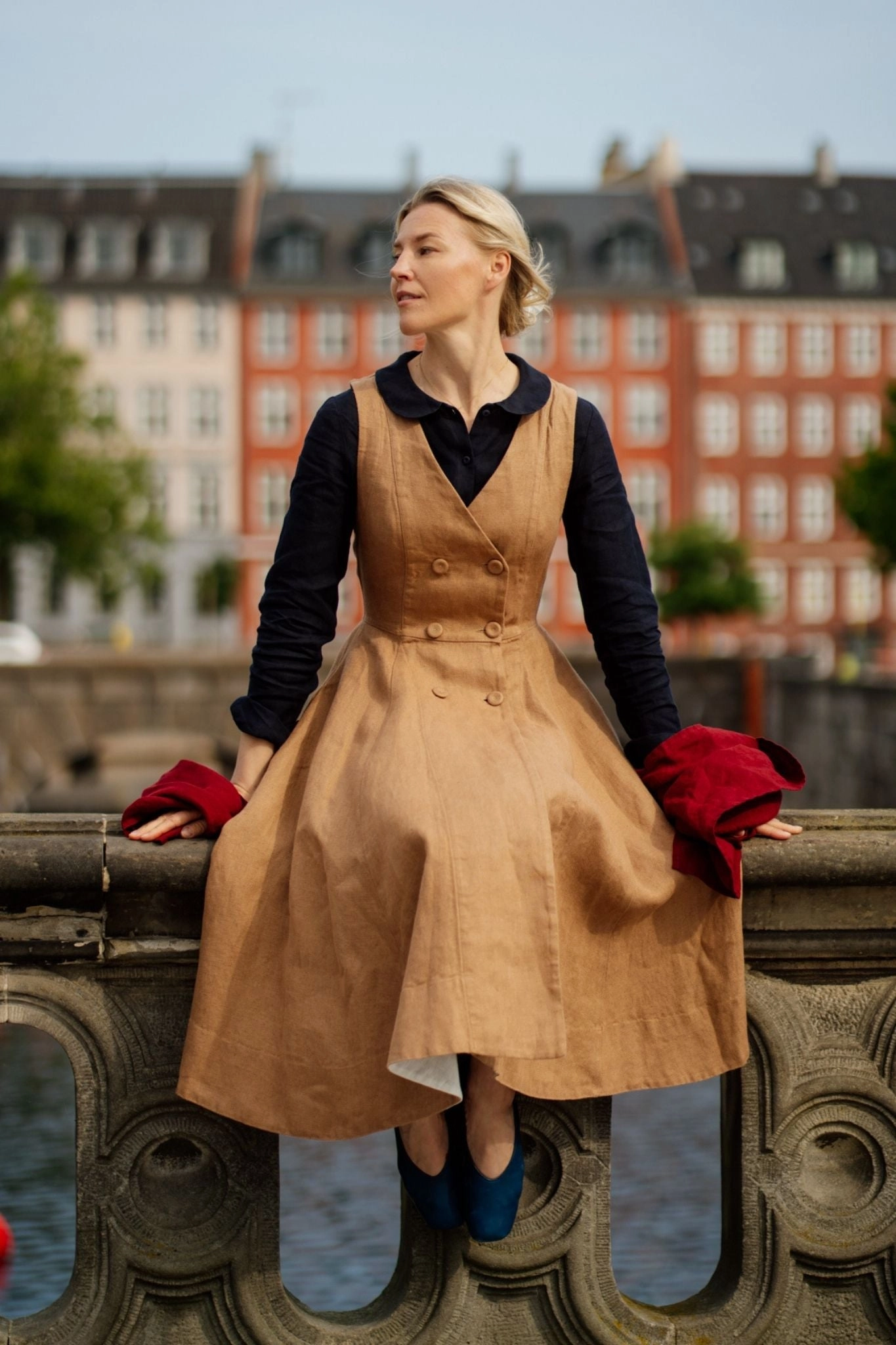 spring fresh Work Chic Rosa ?C Midi Linen Dress with Double-Button Front