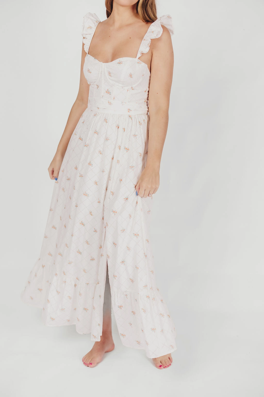 Smooth Blend Rosamund Bustier-Style Maxi Dress in White/Orange Floral - Inclusive Sizing (S-XL)