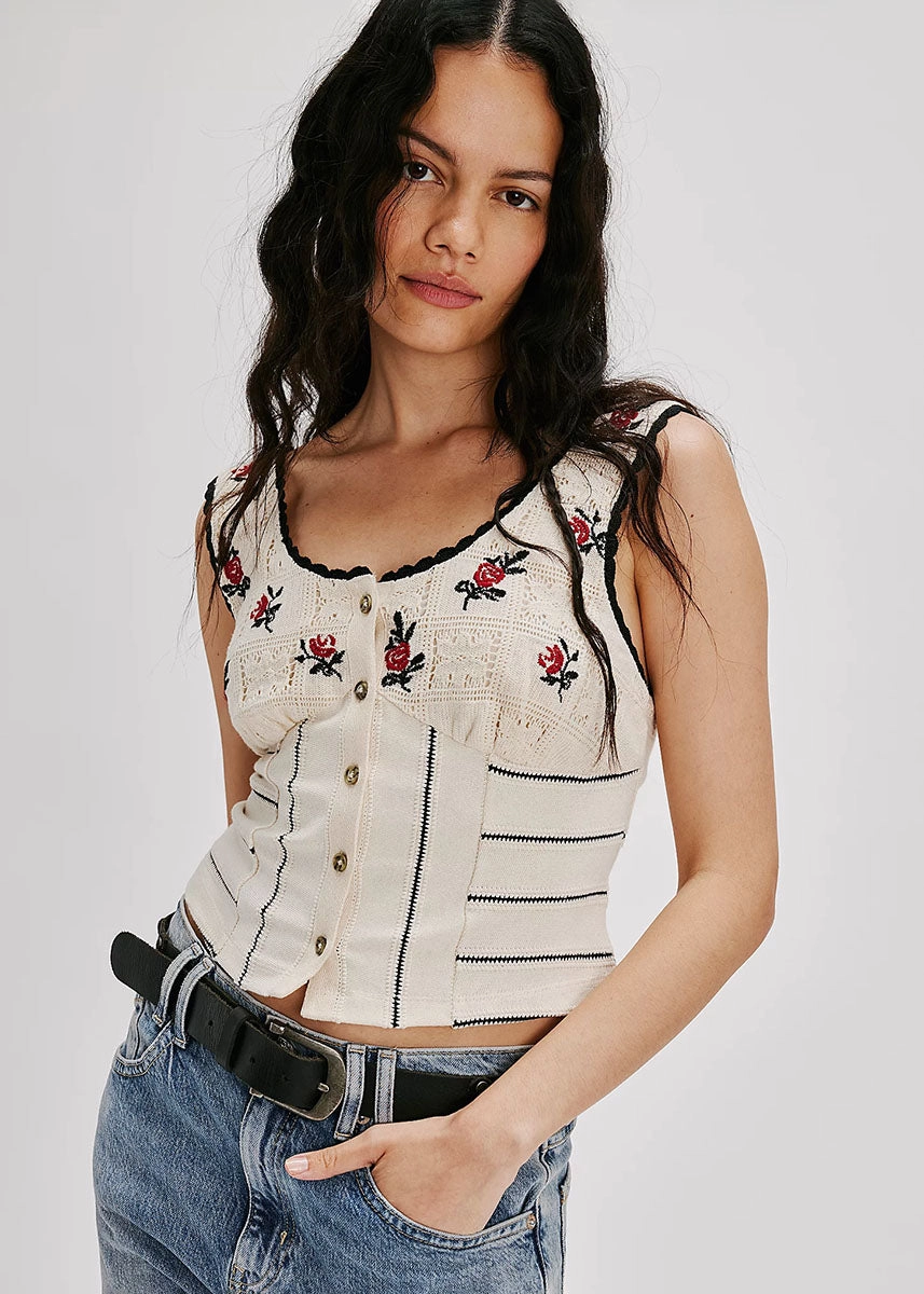 Rose Bud Knit Top - Ivory Combo Chic Look