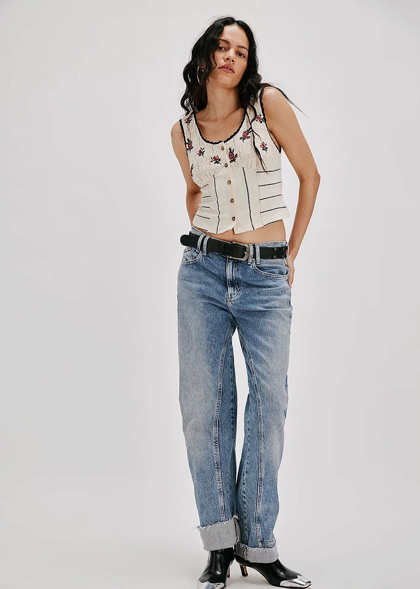 Rose Bud Knit Top - Ivory Combo Office Wear