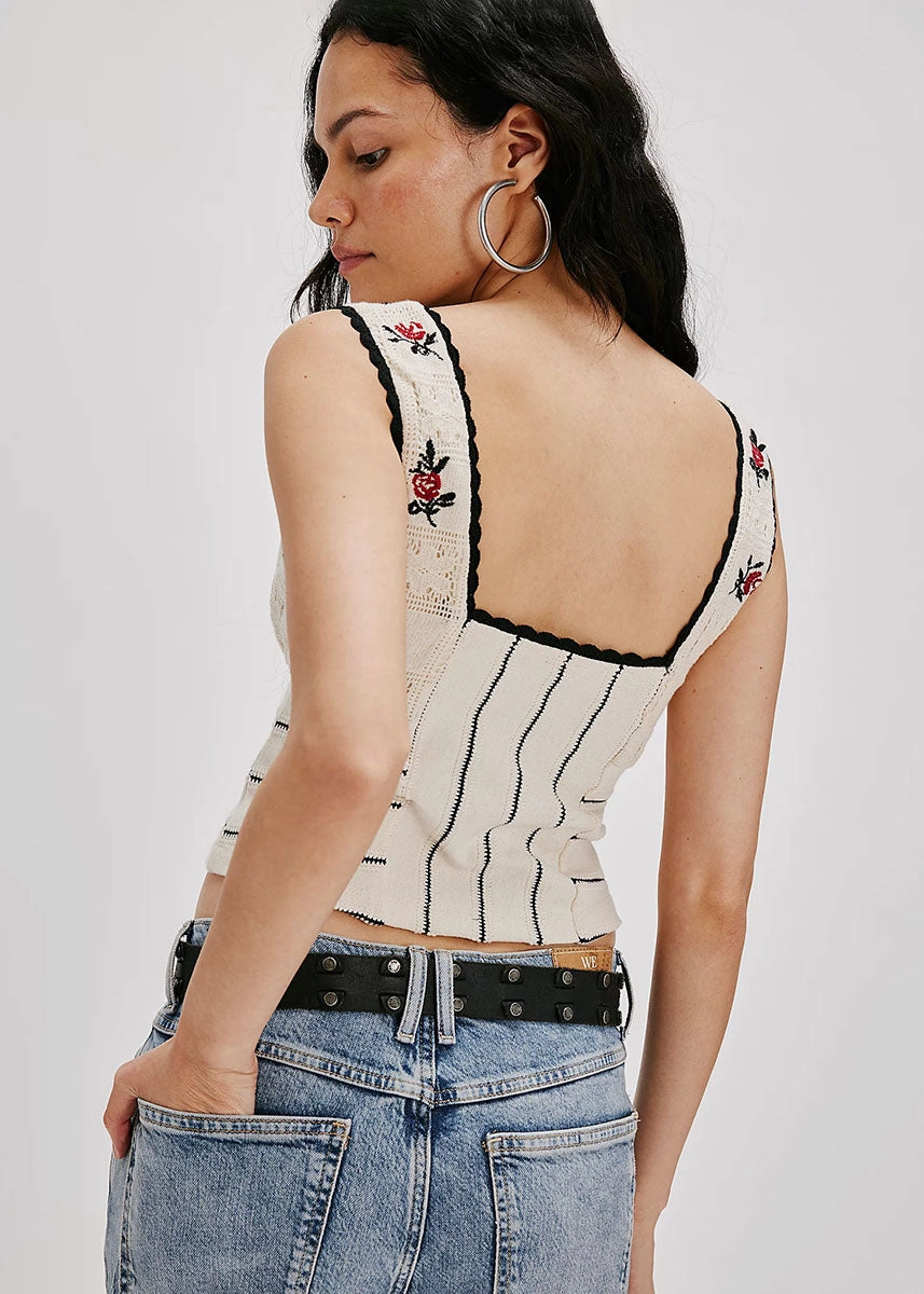 NonRestrictive Armholes AllPurpose Design Rose Bud Knit Top - Ivory Combo