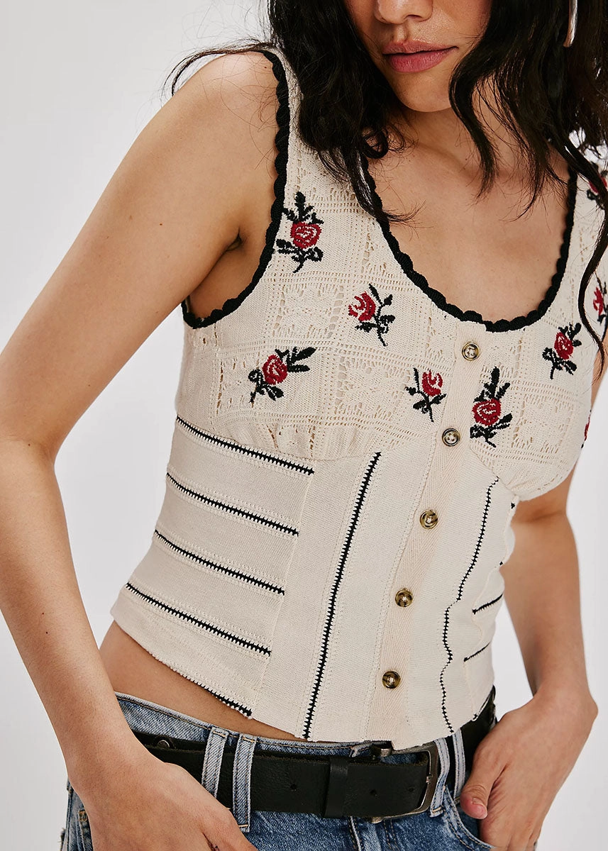 Rose Bud Knit Top - Ivory Combo Double Layered Fabric Durable Chainstitch