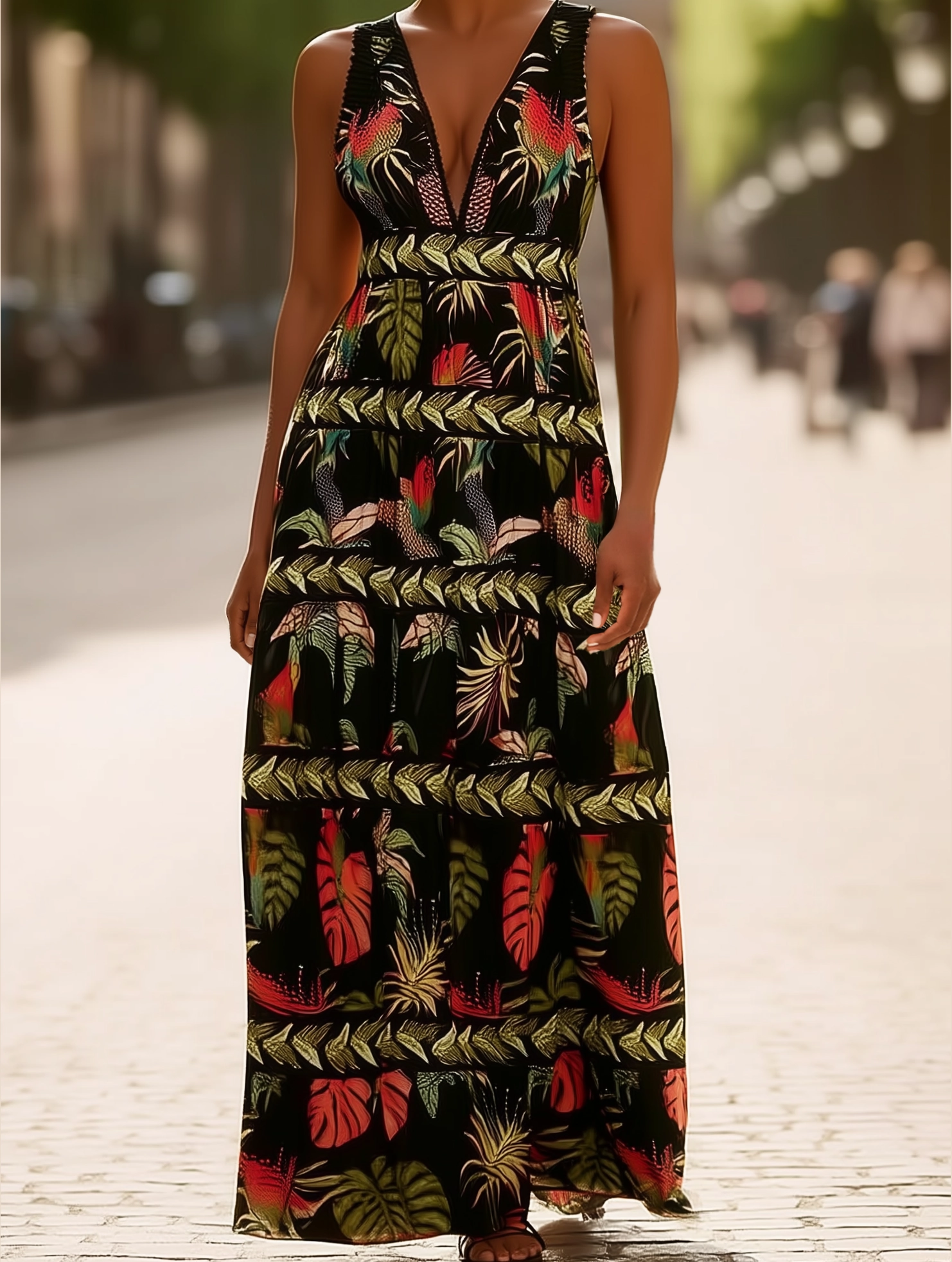 Rota Boho Tropical Print Plunge V-Neck Maxi Dress ??Sleeveless Vacation Style Climate-Adaptive