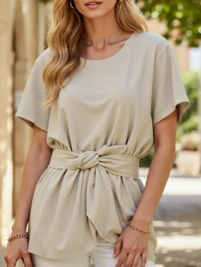 Flowing Design RelaxedSilhouette Round neck short-sleeved T-shirt belted tunic top