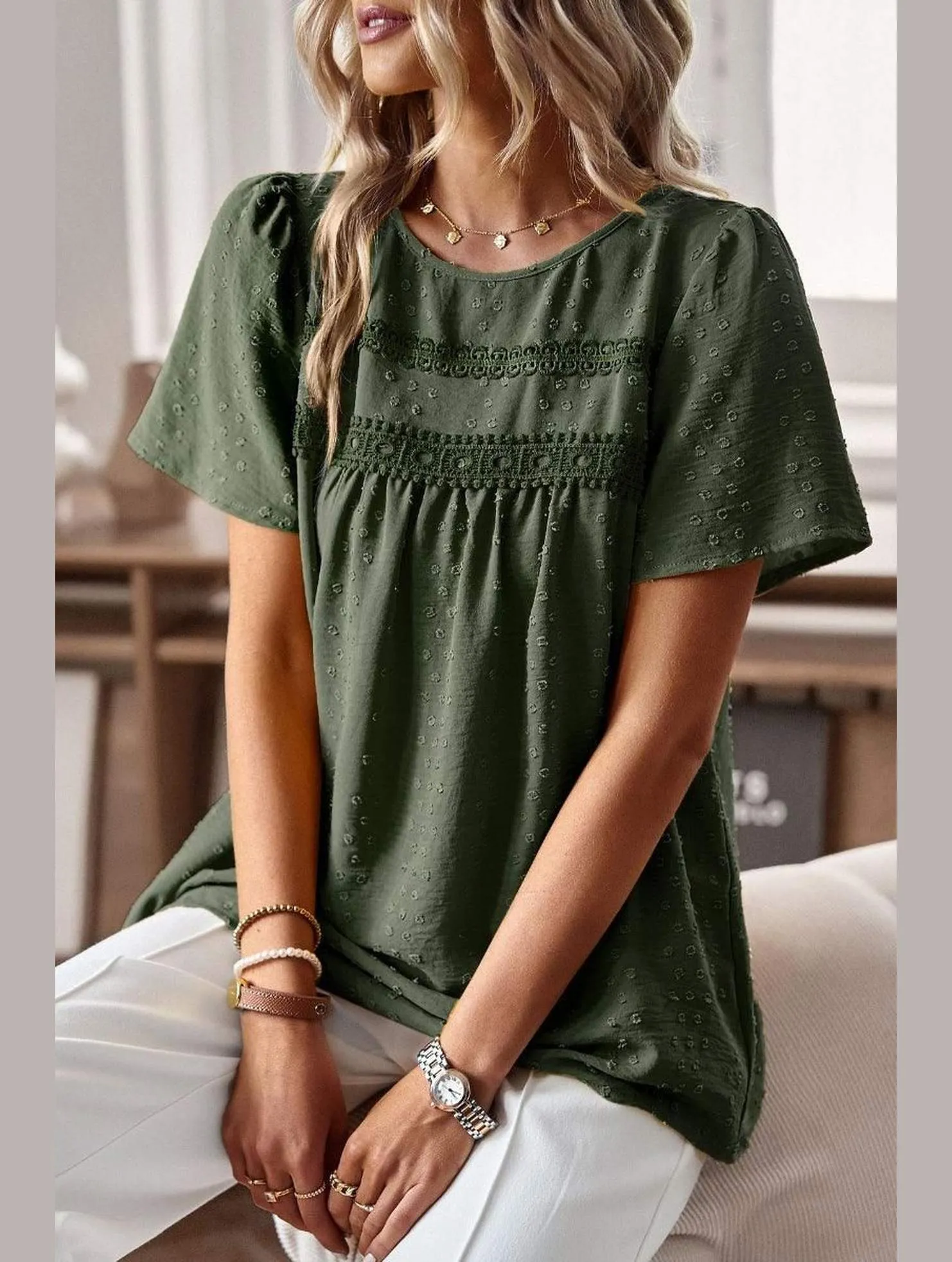 crew neck ROUND NECK SPLICED LOOSE BLOUSE