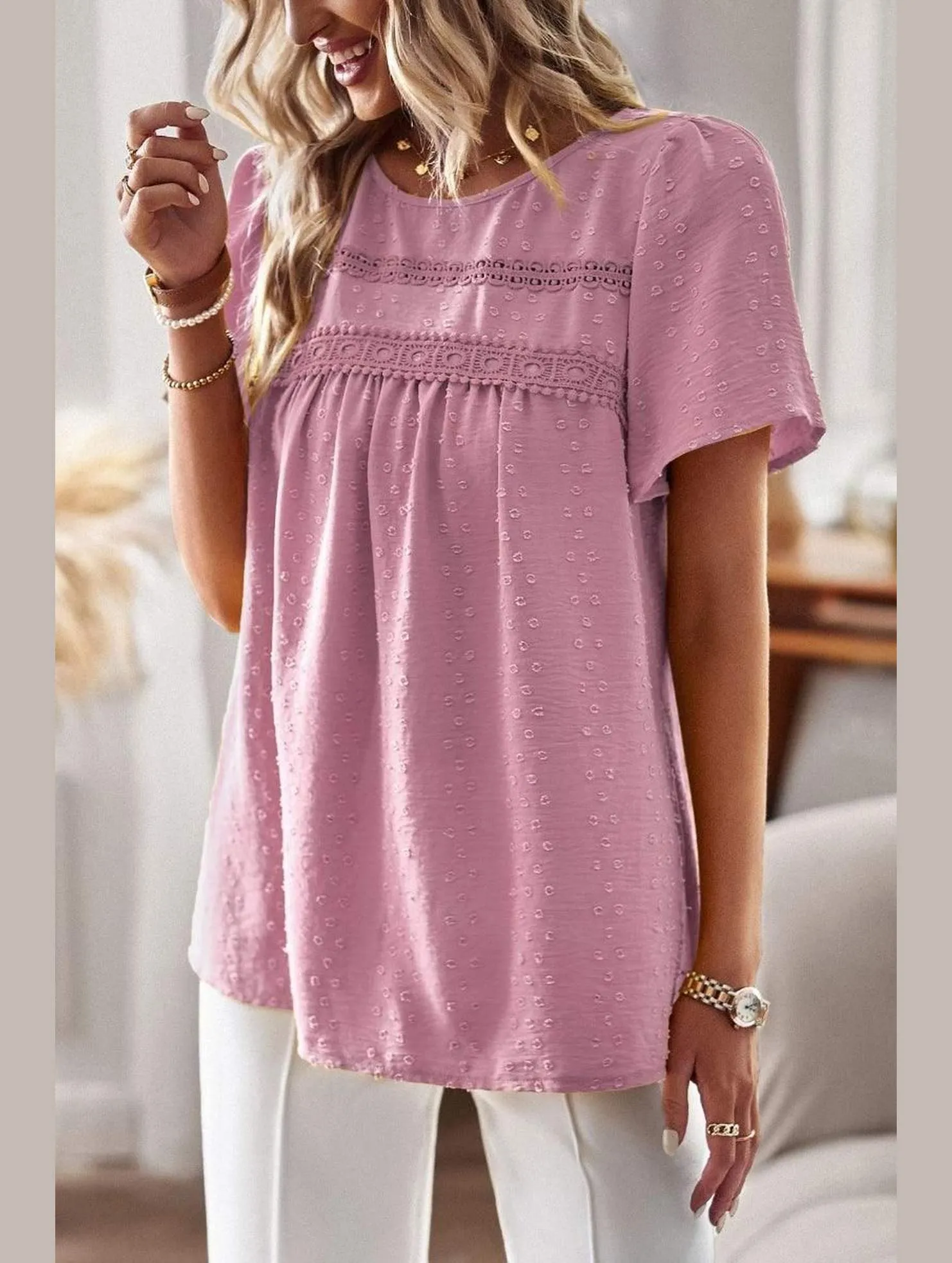 ROUND NECK SPLICED LOOSE BLOUSE Basic Wardrobe Piece Light Casual