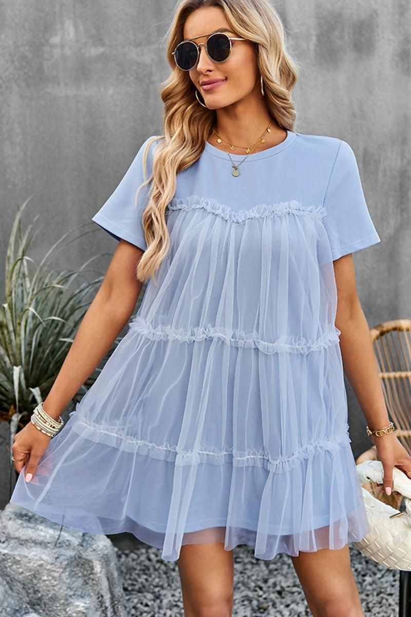 ROUND NECK GAUZE SPLICING SHORT DRESS Sage Detail