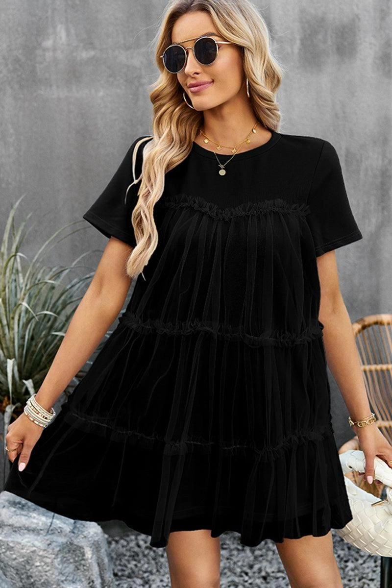ROUND NECK GAUZE SPLICING SHORT DRESS Guest Shine Off-Shoulder