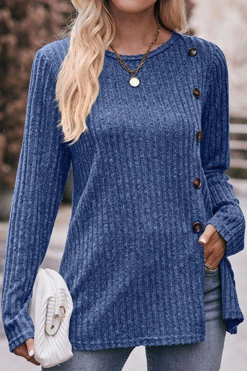 ROUND NECK SIDE BUTTONED LONG LENGTH KNIT TOP Party fun