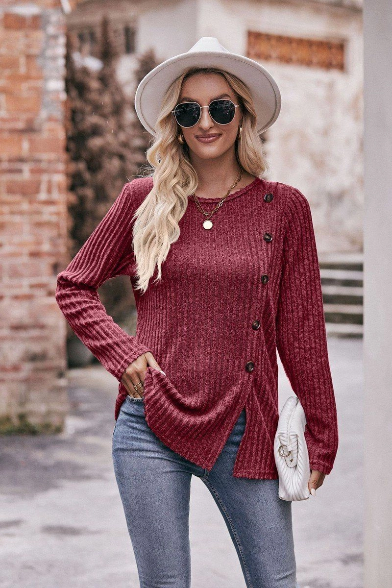 ROUND NECK SIDE BUTTONED LONG LENGTH KNIT TOP QuickDryConstruction OdorResistant Technology