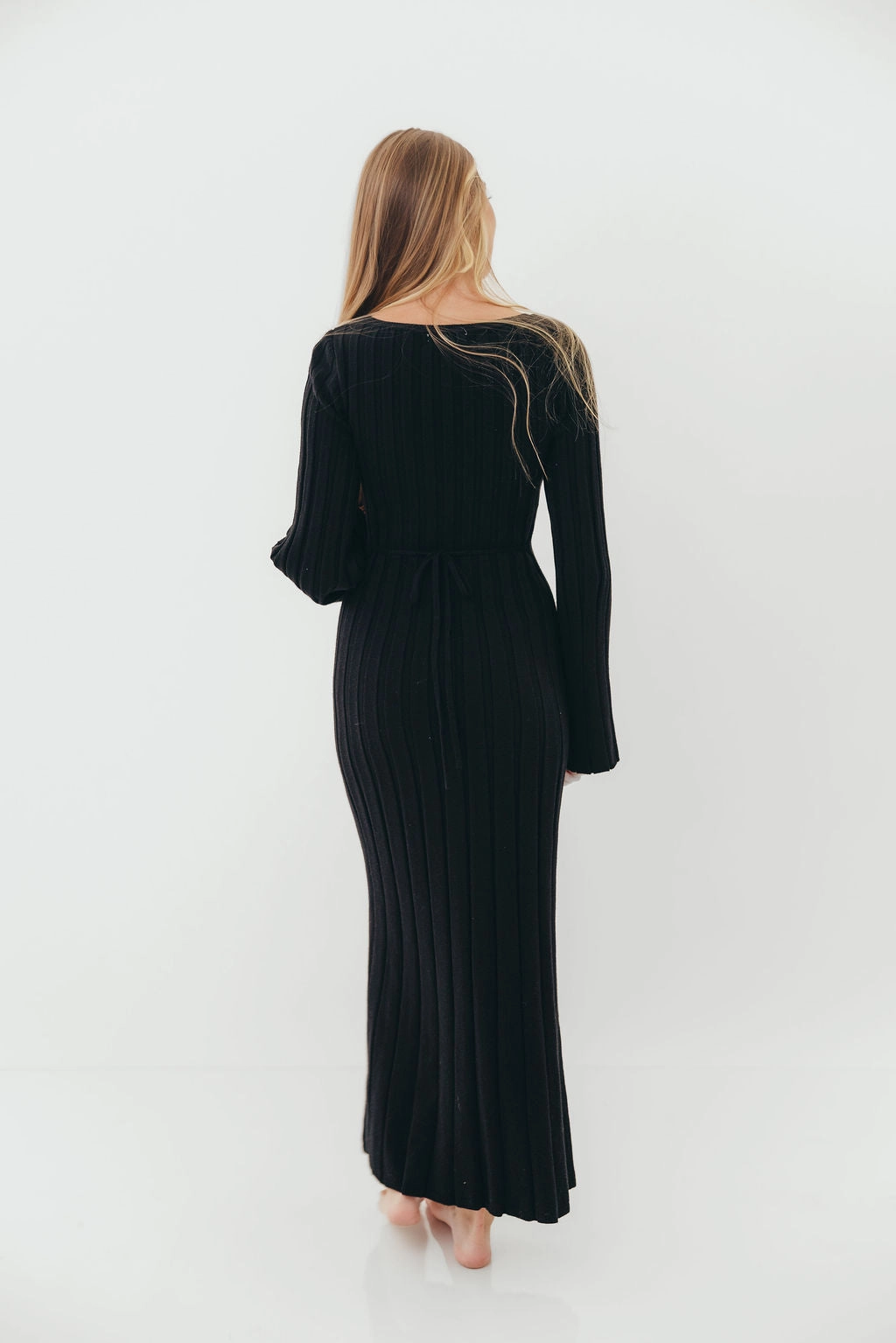 Rowan Square Neck Maxi Dress in Black Sharp Detail Shirred-Detail
