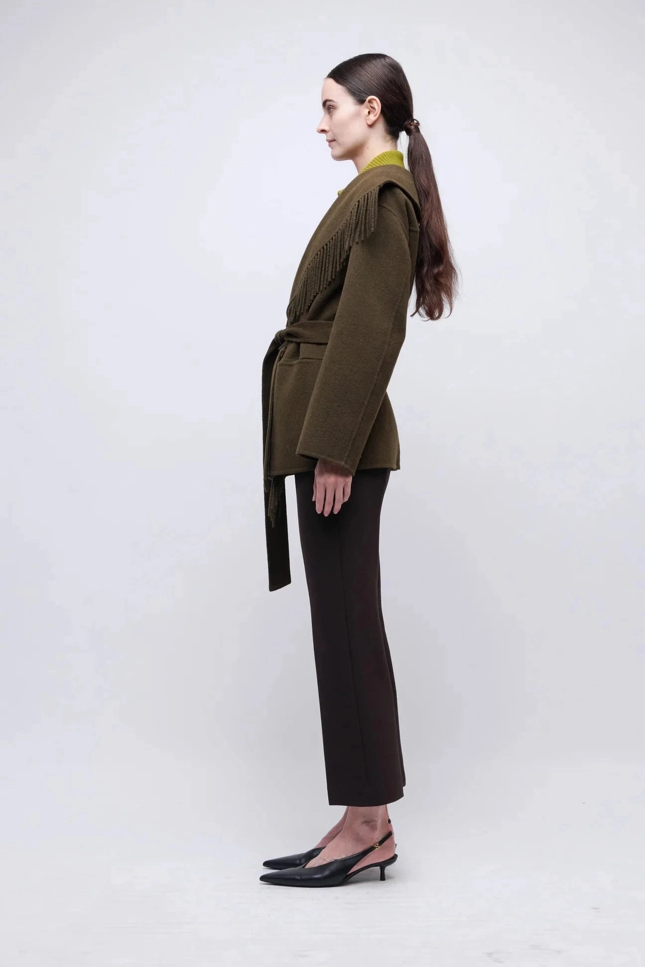 Rowen Fringe Belted Wool-Blend Jacket Alligator Slim Profile