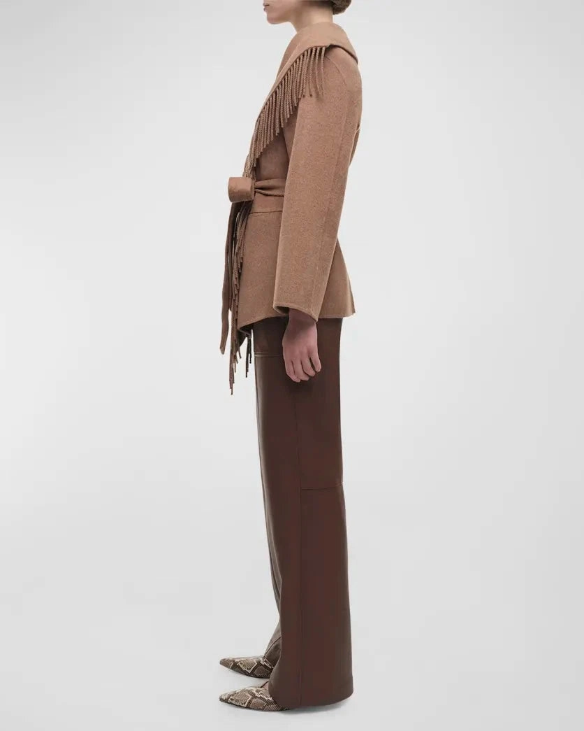 Minimal Form Sense Rowen Fringe Belted Wool-Blend Jacket Camel