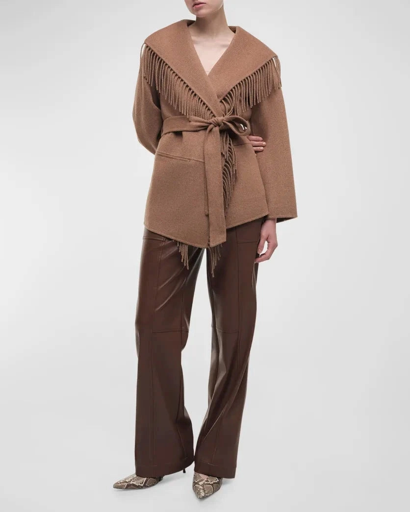 Rowen Fringe Belted Wool-Blend Jacket Camel Enhance