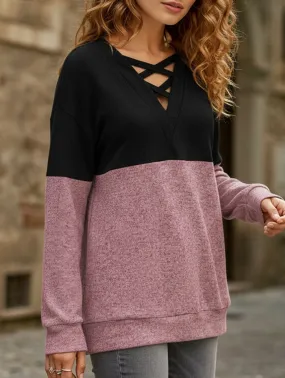 Minimal Style Trend CASUAL V-NECK CROSS-CONTRAST SHIRT TOP