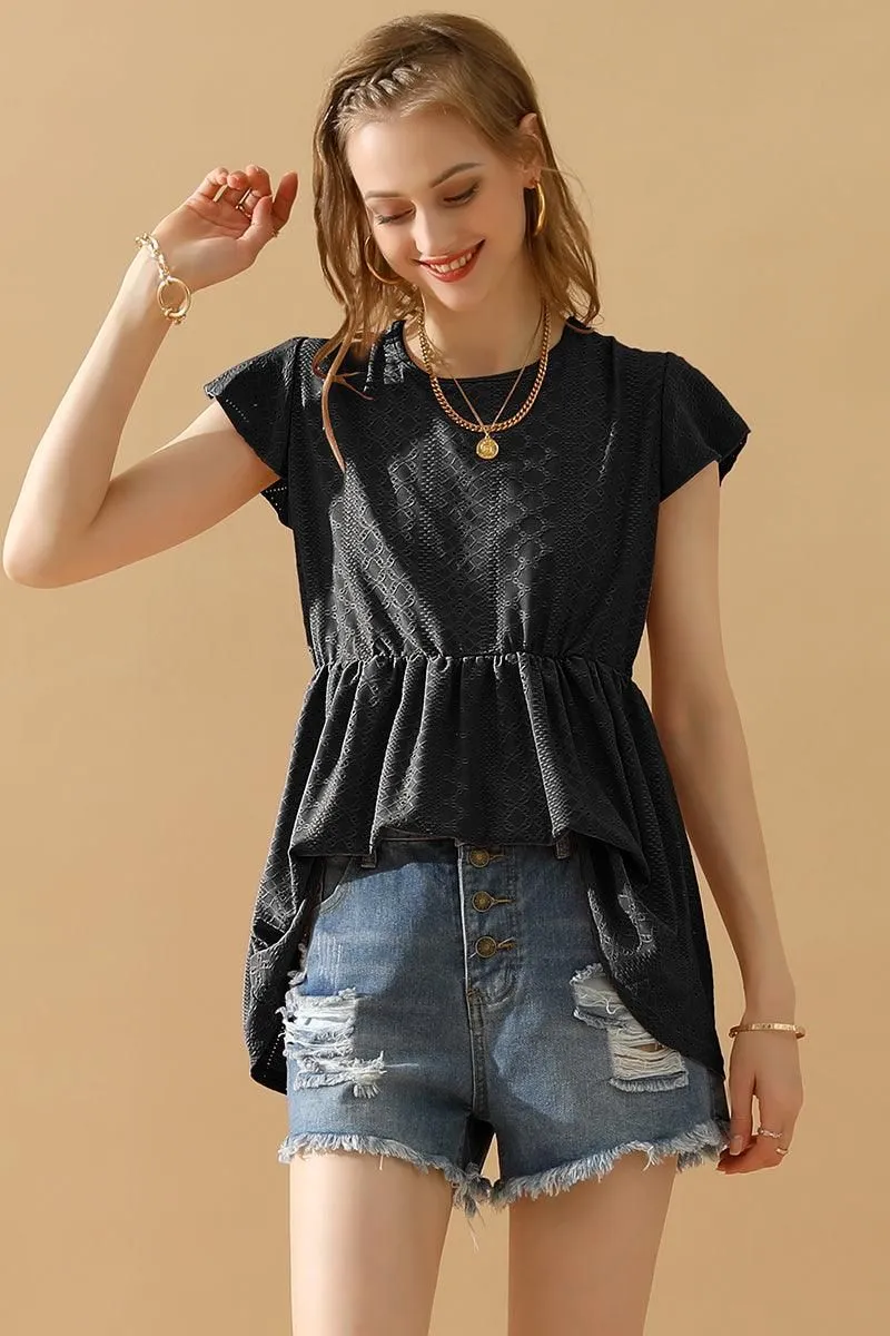 RUFFLED ELASTIC WAIST PUNCHING LACE TEE Chic Comfort Style Smart Outfit
