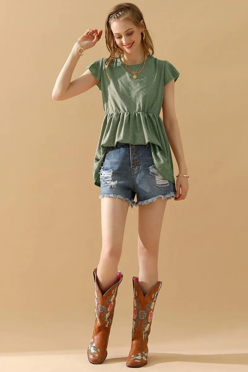 Denim Shirt RUFFLED ELASTIC WAIST PUNCHING LACE TEE