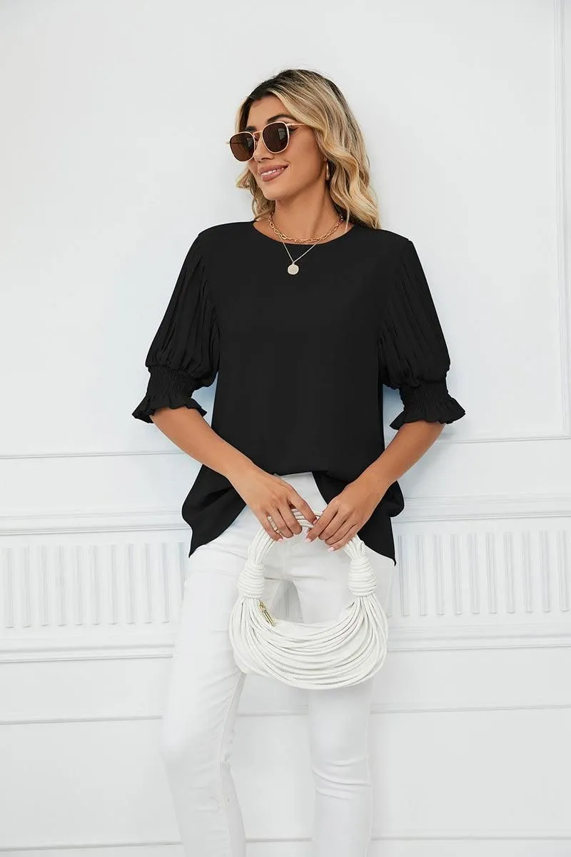 RUFFLED PUFF SHORT SLEEVE LOOSE CHIFFON BLOUSE Timeless Style