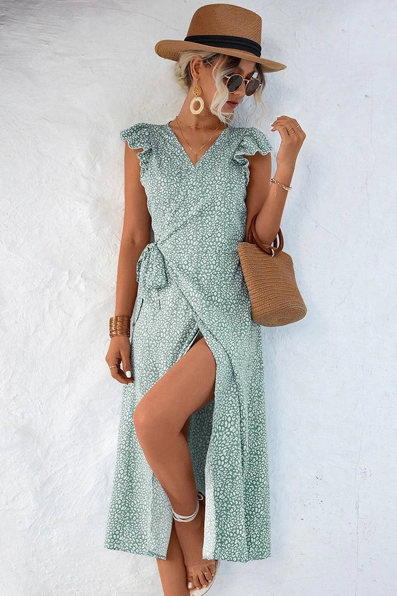 Sleek Appearance RUFFLED SHORT SLEEVE V NECK TIED WAIST WOMEN DRESS