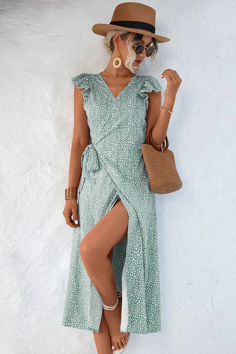 RUFFLED SHORT SLEEVE V NECK TIED WAIST WOMEN DRESS Wide Hemline Gentle Glow