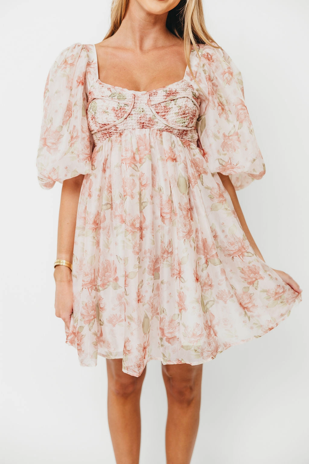 Saint Malo Floral Smocked Mini Dress in Peach *Final-Sale* Relax Fit Effortless Elegance
