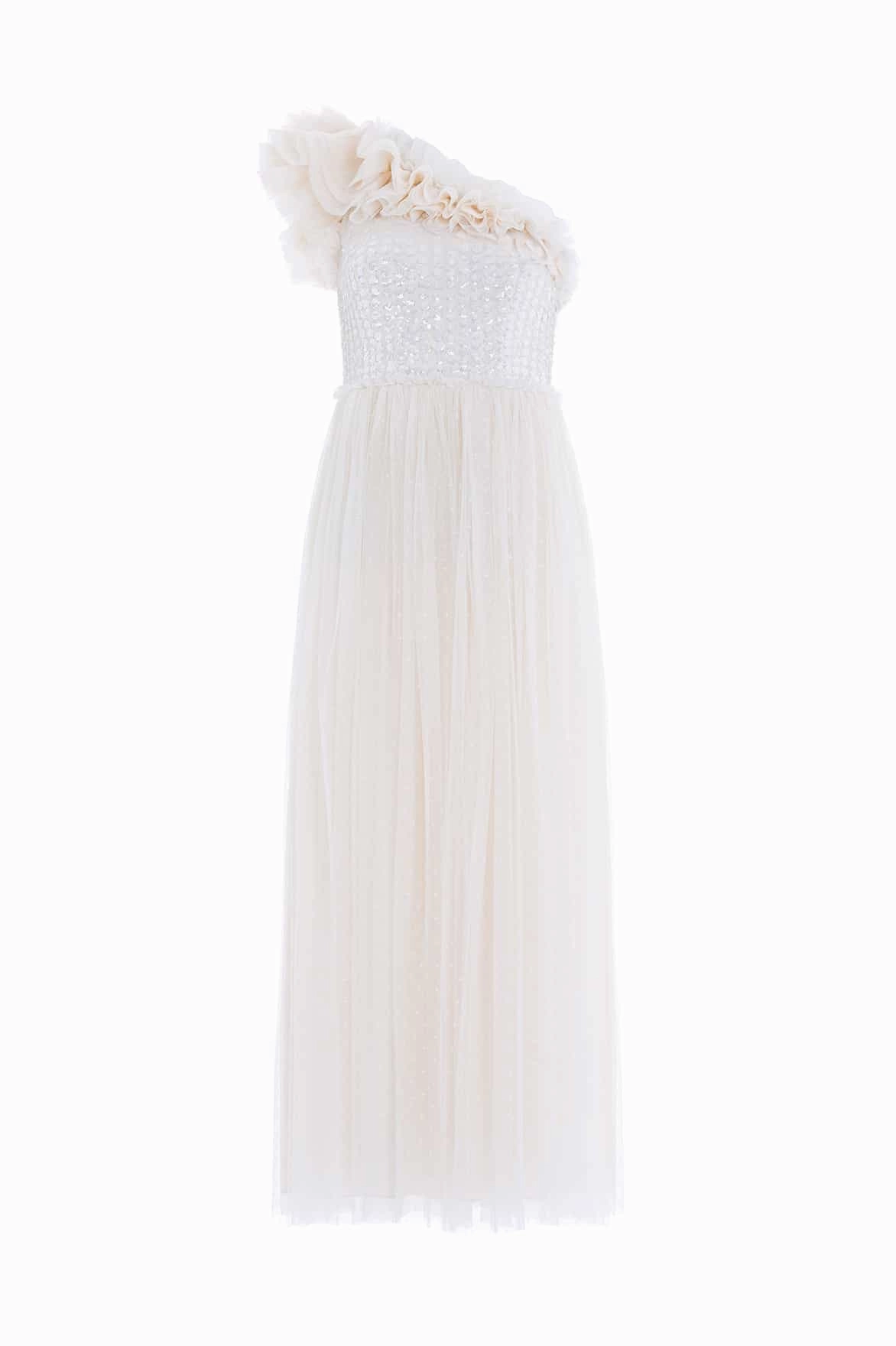 Rose Soft Sophisticated Cut Raindrop Bodice One-Shoulder Ankle Gown