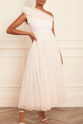 Piped-Edge Raindrop Bodice One-Shoulder Ankle Gown
