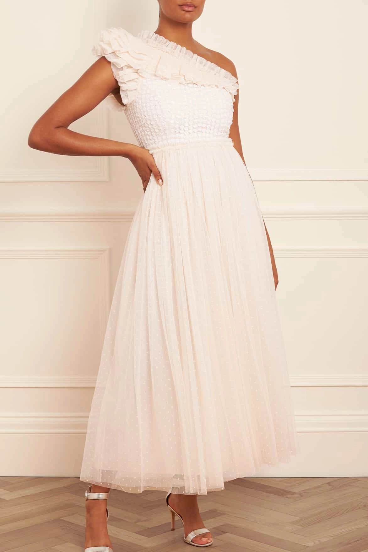 Piped-Edge Raindrop Bodice One-Shoulder Ankle Gown