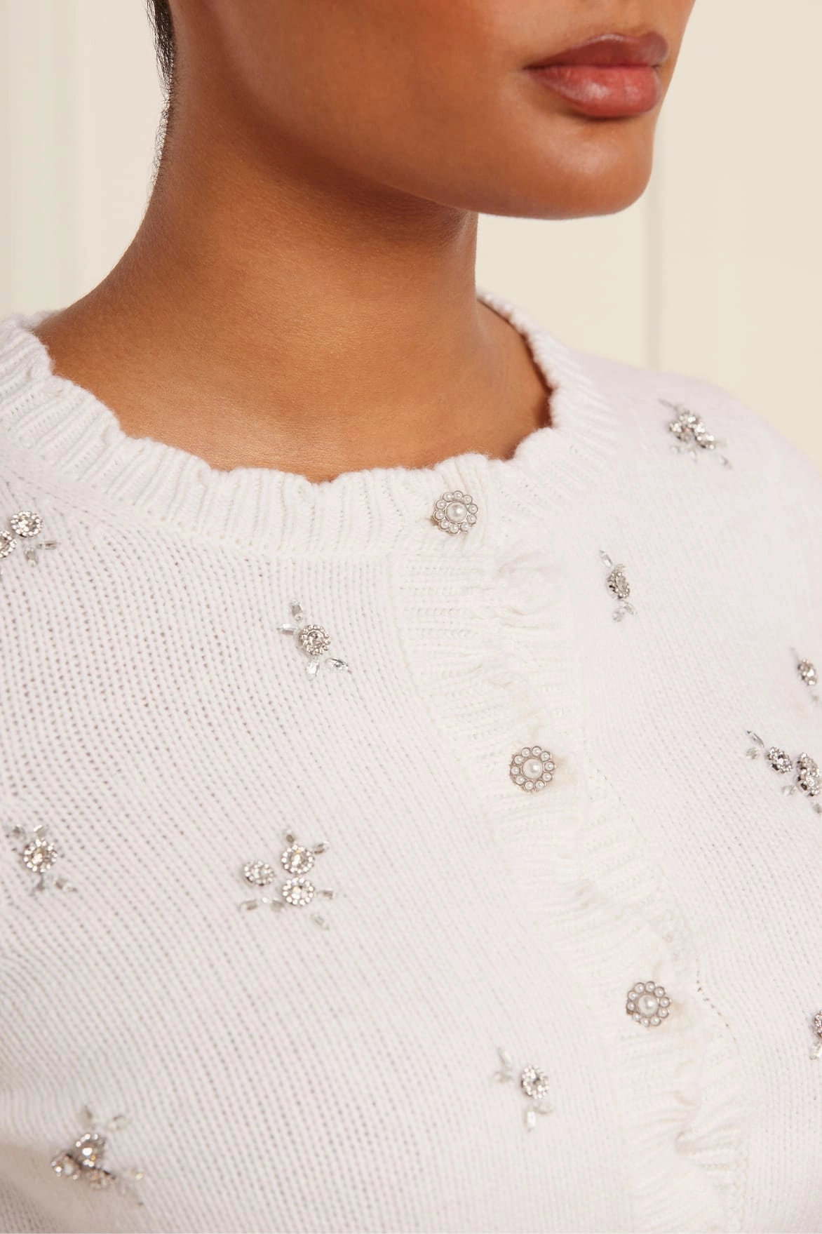 Circular Knit Design Scattered Floral Embellished Short Cardigan