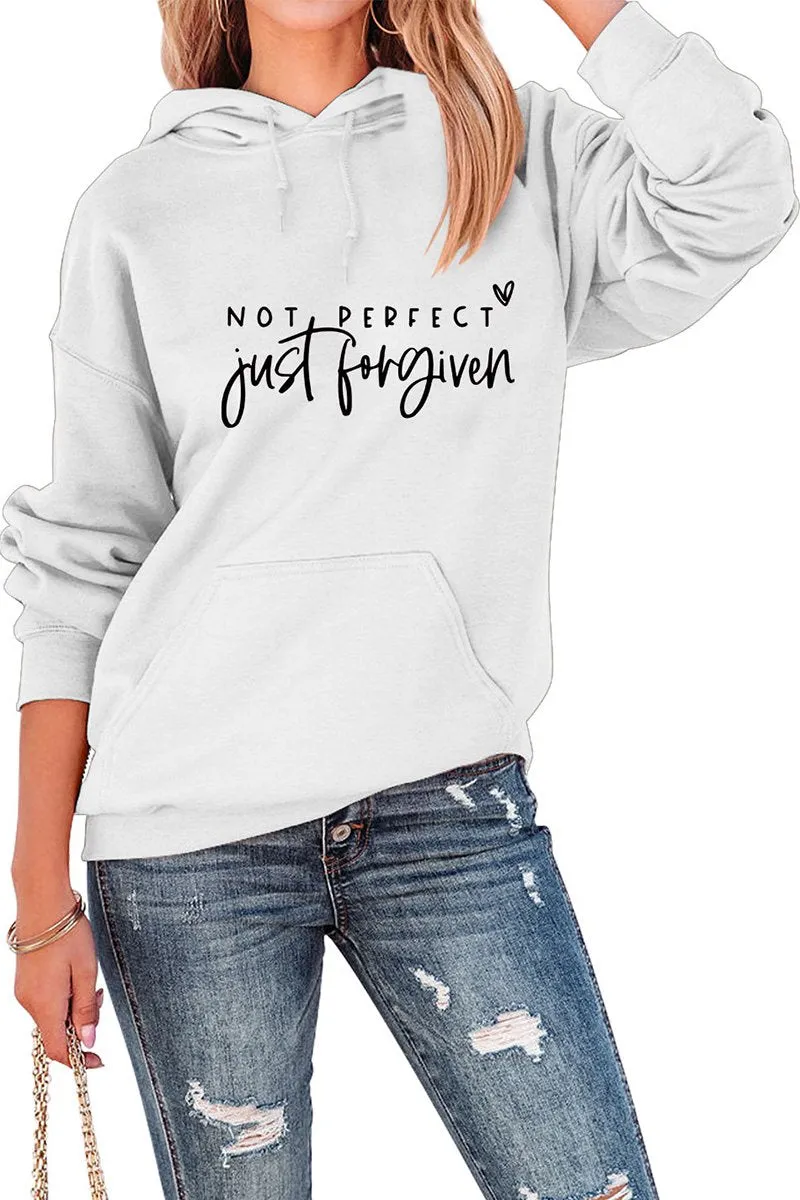 WOMEN LETTER PRINT KANGAROO POCKET LOOSE HOODIE Compression Fold Design