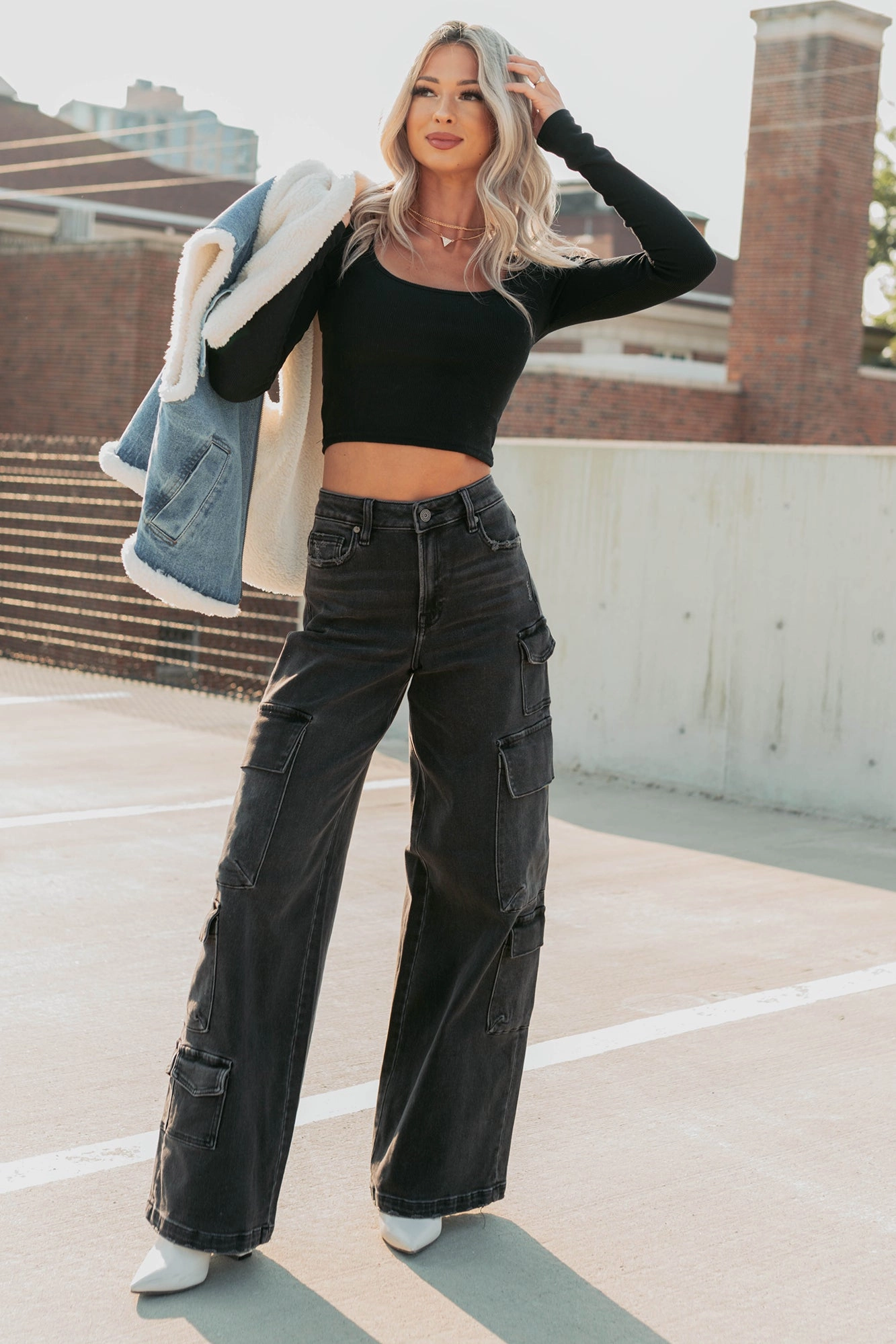 Kayla High Rise Cargo Hidden Jeans (Charcoal) Neutral Piece Fashionable Touch