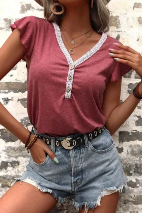 BUTTON NECK SHORT SLEEVE CASUAL TOP AthleticInspired Layered Hemline