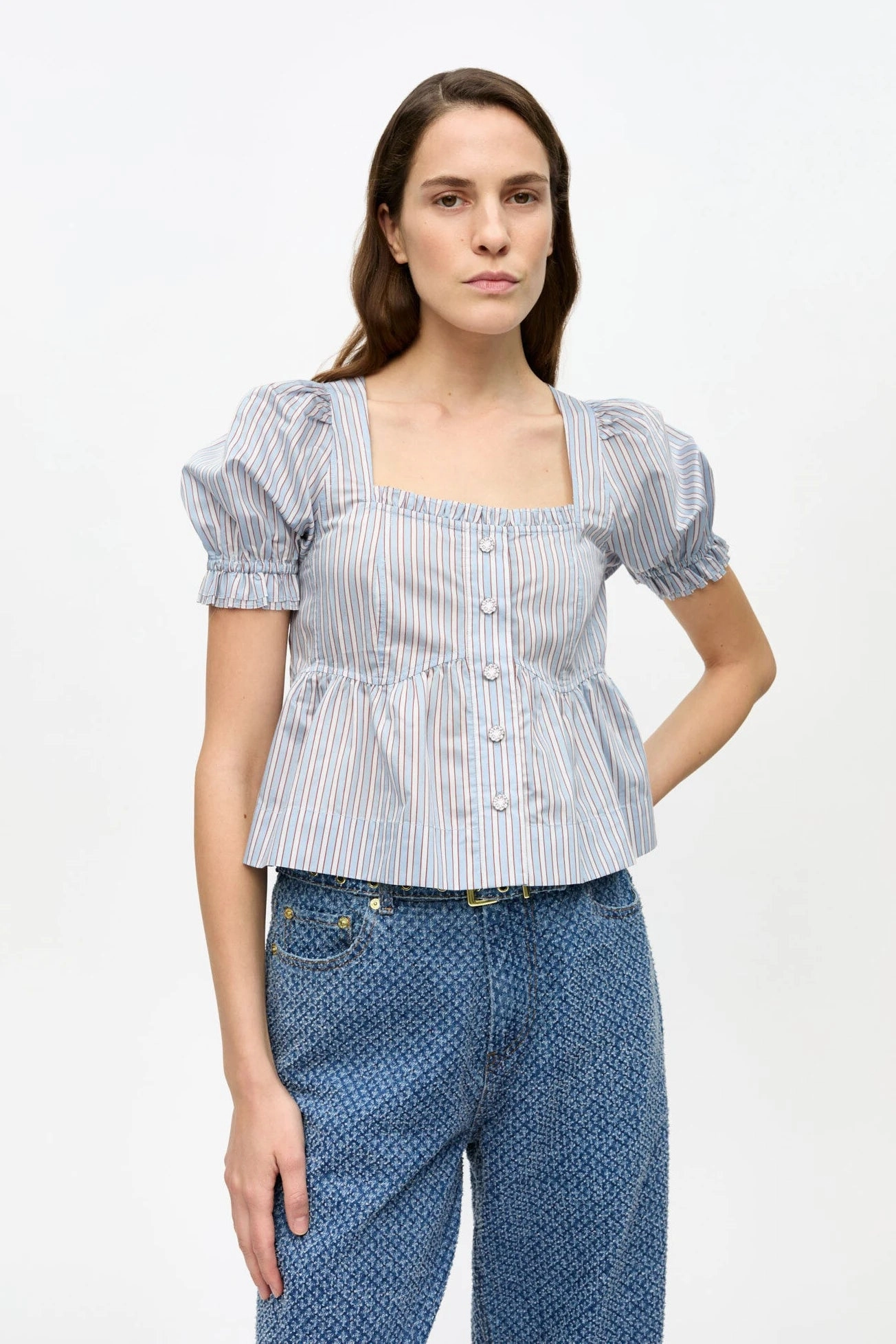 Striped Yarn Dyed Blouse ColorfastMaterial Sweat Absorbing Lining