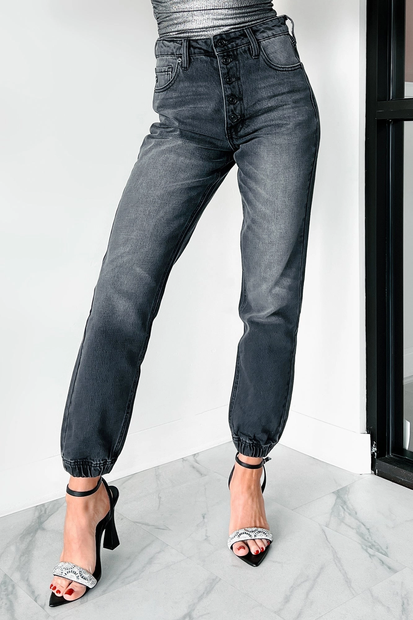 Cool Essentials Sean High Rise Button Fly Kancan Jogger Jeans (Grey)