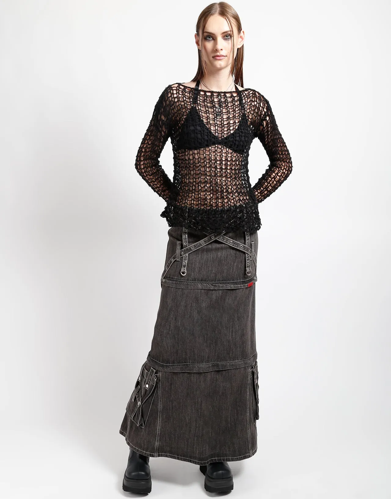 TRIPLE ZIP OFF SKIRT BLACK DENIM Soft Interior